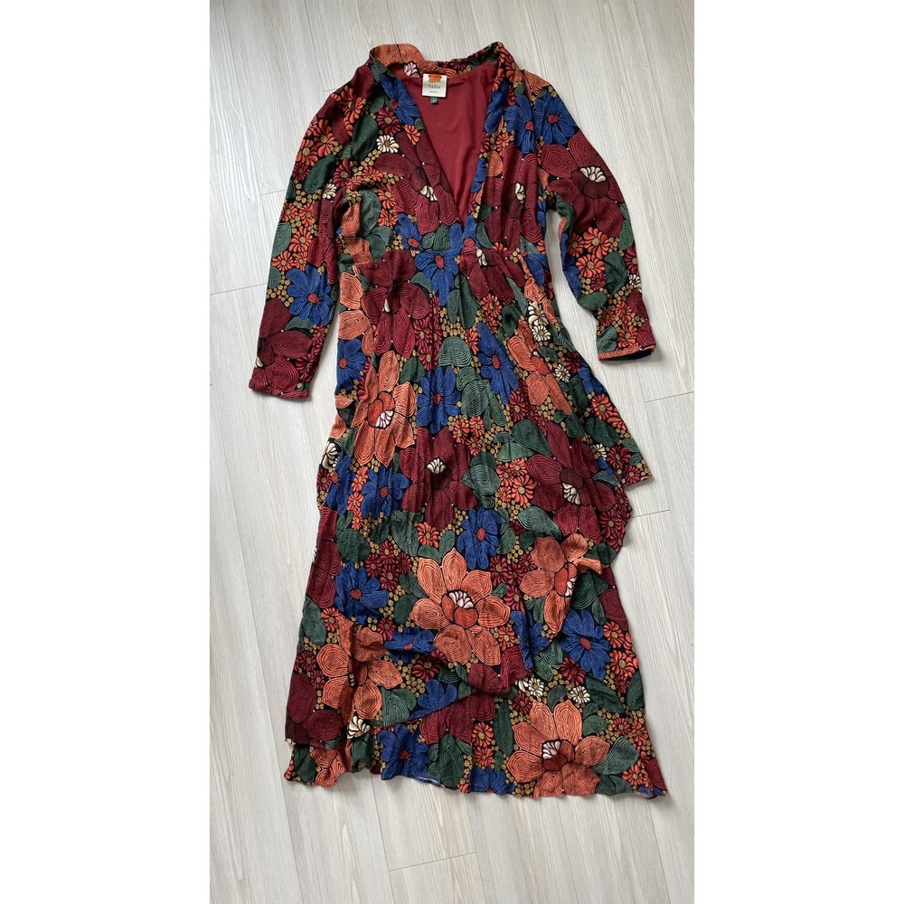 Farm Rio Women's Floral Print Maxi Dress Plunging V Size L 3/4 Sleeve Fall Boho